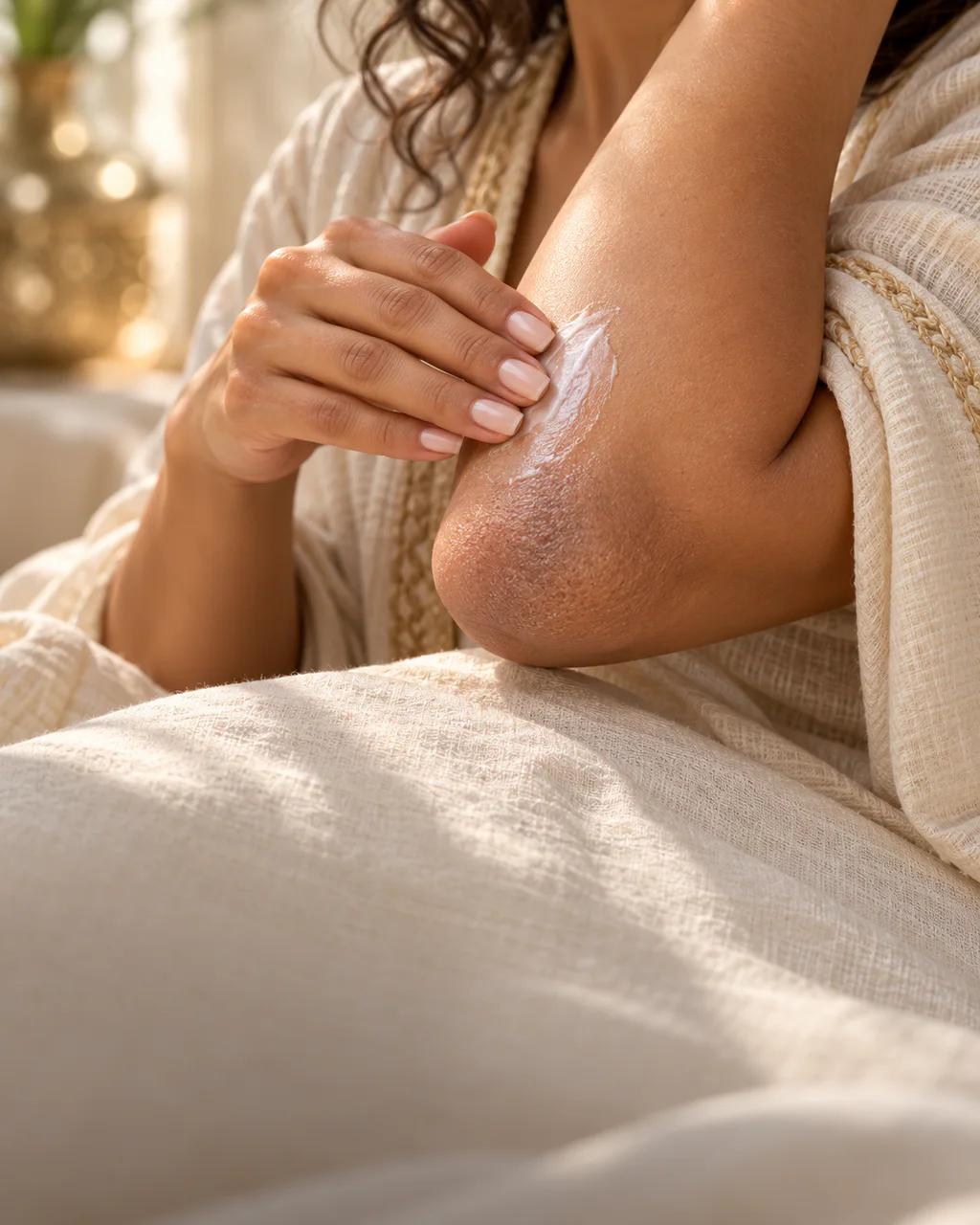 Soin hydratant appliqué sur un coude naturellement plus foncé