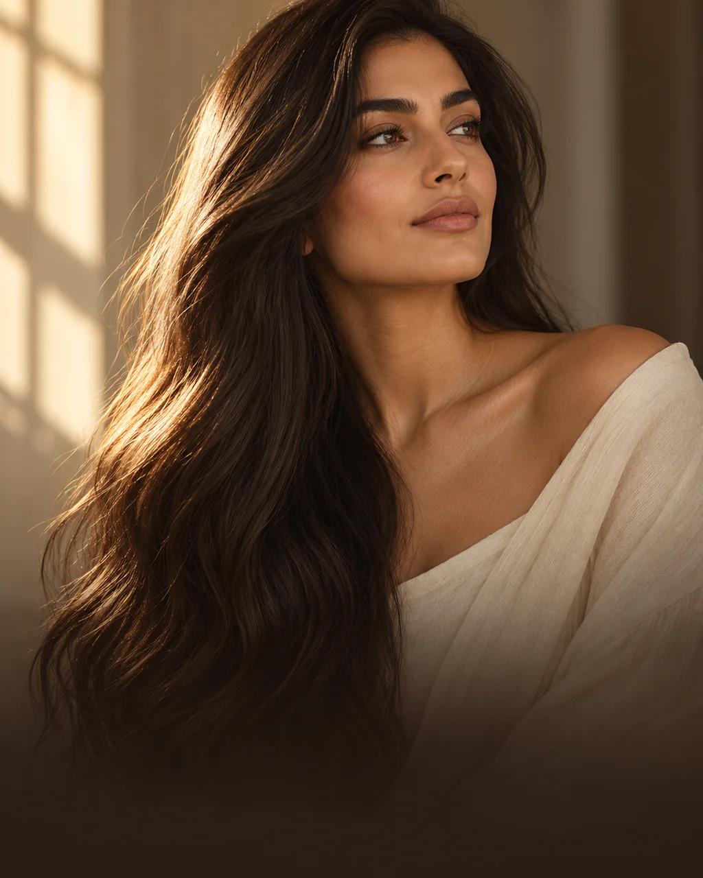 Longs cheveux bruns traversés par une douce lumière dorée