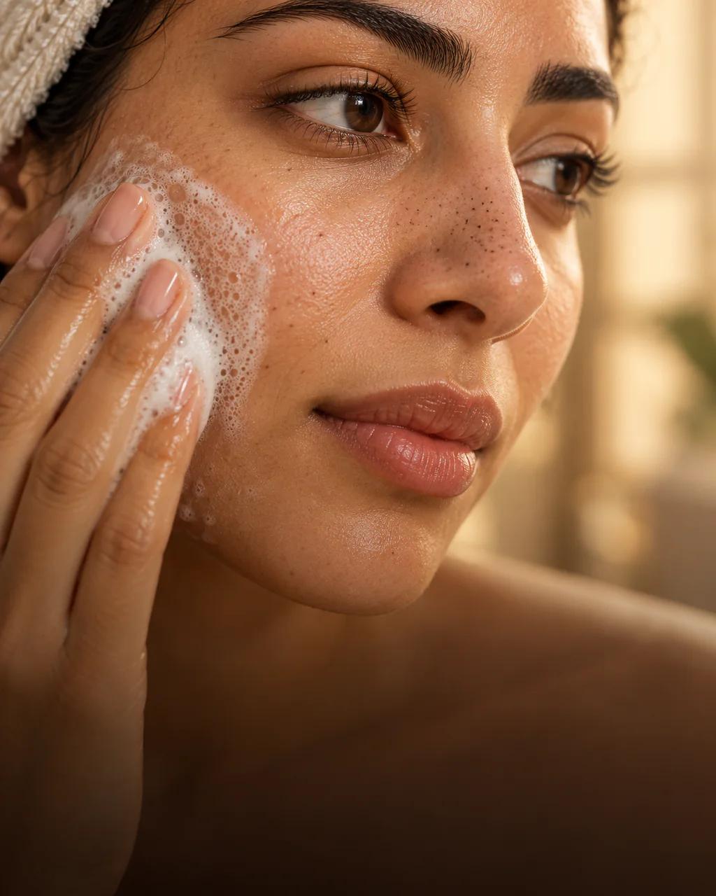 Nettoyage doux d’un visage adulte présentant quelques points noirs discrets
