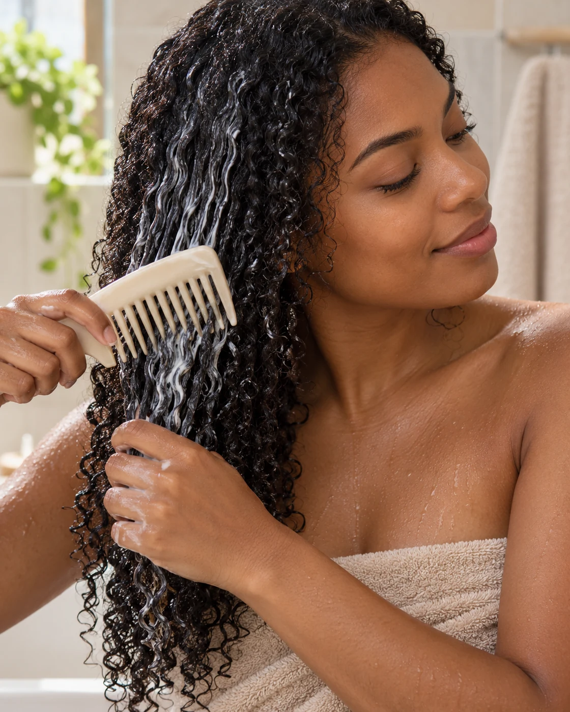 Femme démêlant doucement ses cheveux très bouclés humides et conditionnés avec un peigne à dents larges
