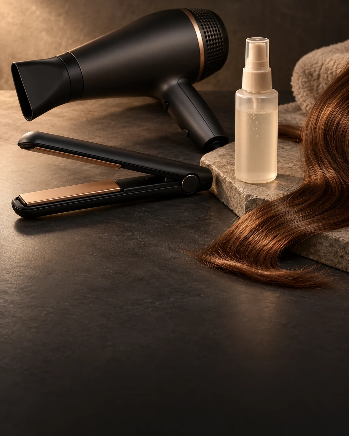 Sèche-cheveux, fer à lisser, flacon sans marque et mèche brune disposés sur un fond sombre
