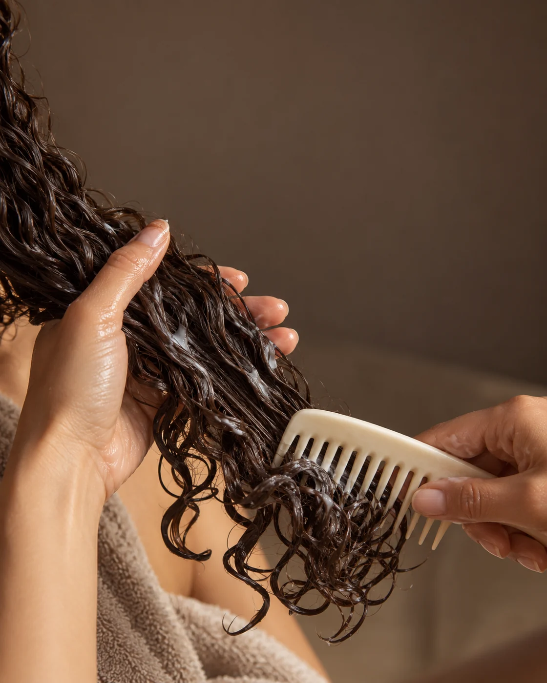 Mains démêlant des longueurs bouclées humides et enduites de conditionneur avec un peigne à dents larges