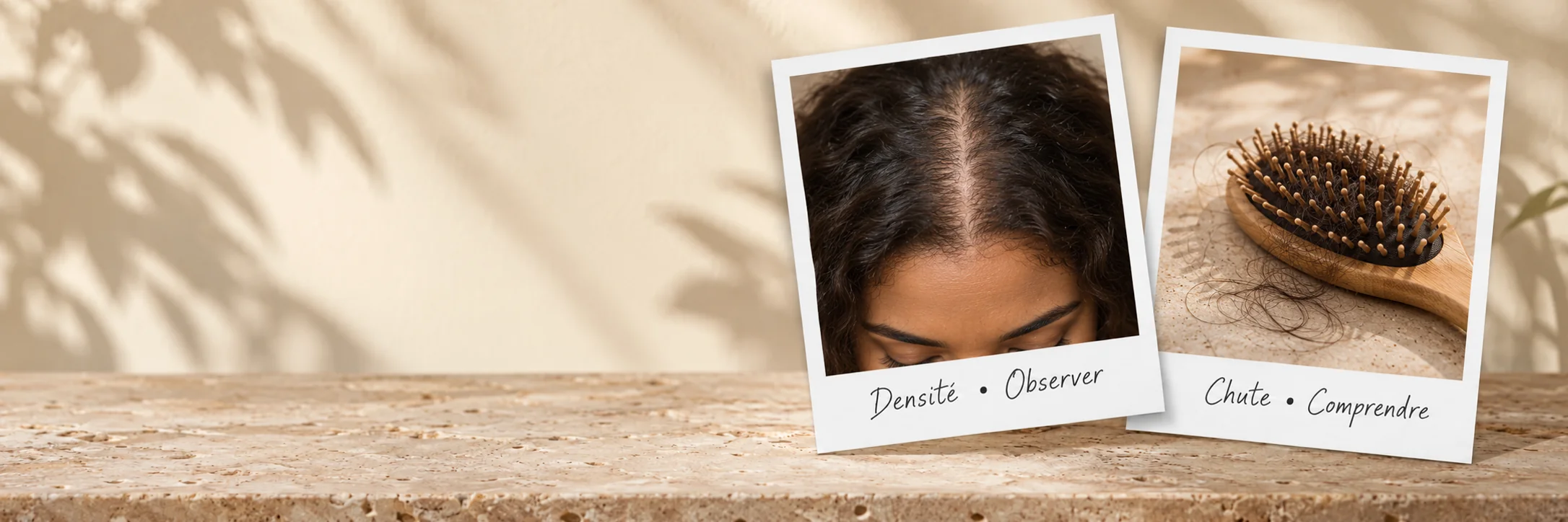 Deux photos encadrées montrent une raie du cuir chevelu plus visible et des cheveux détachés sur une brosse, avec les légendes « Densité • Observer » et « Chute • Comprendre »