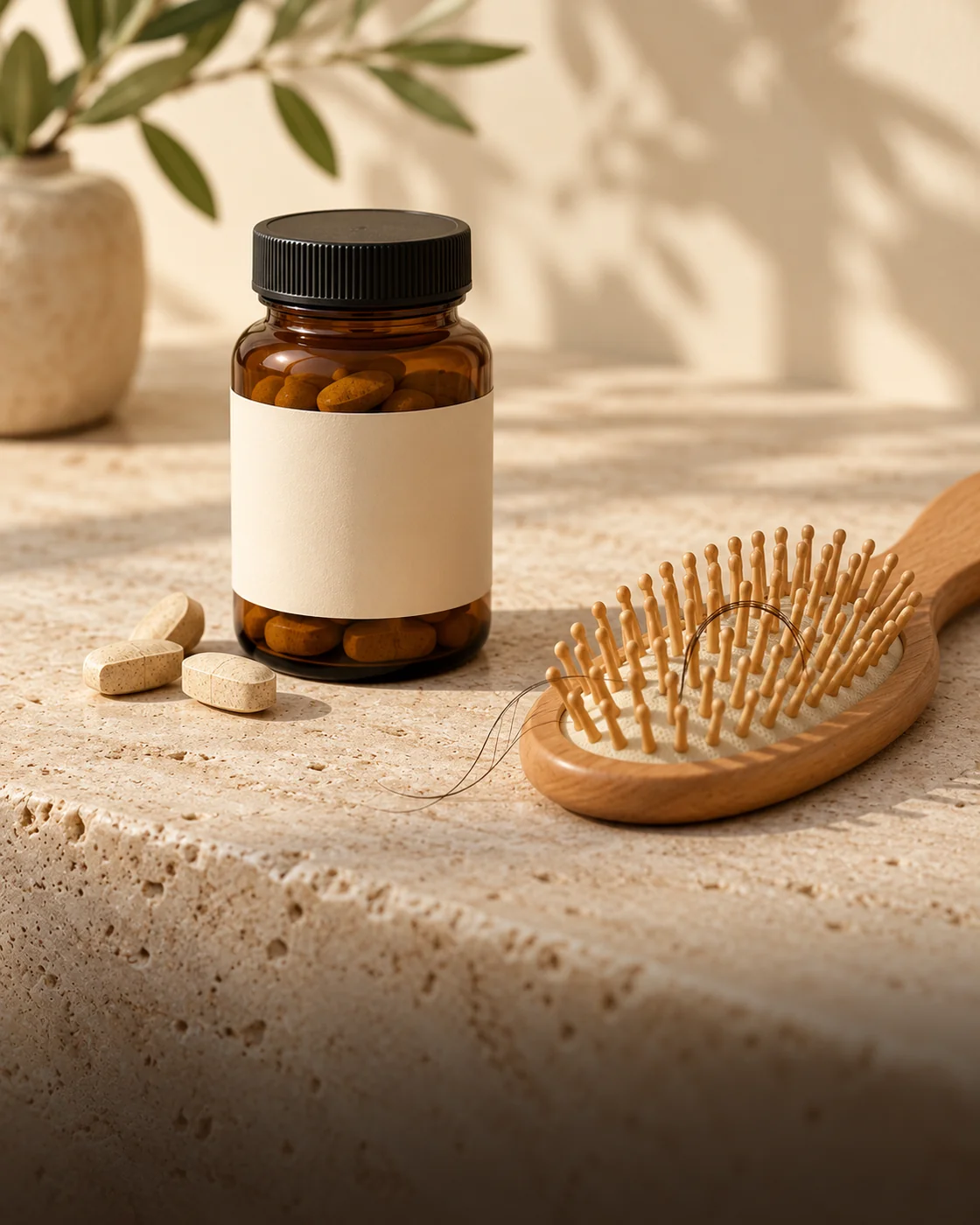 Flacon neutre de compléments et comprimés posés près d’une brosse à cheveux, sans promesse de repousse