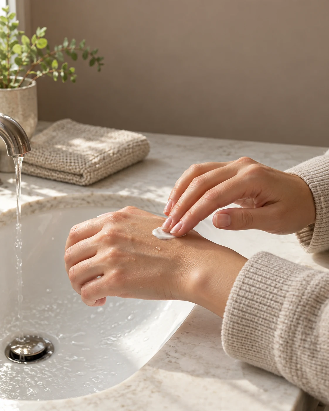 Mains appliquant un soin hydratant après le lavage