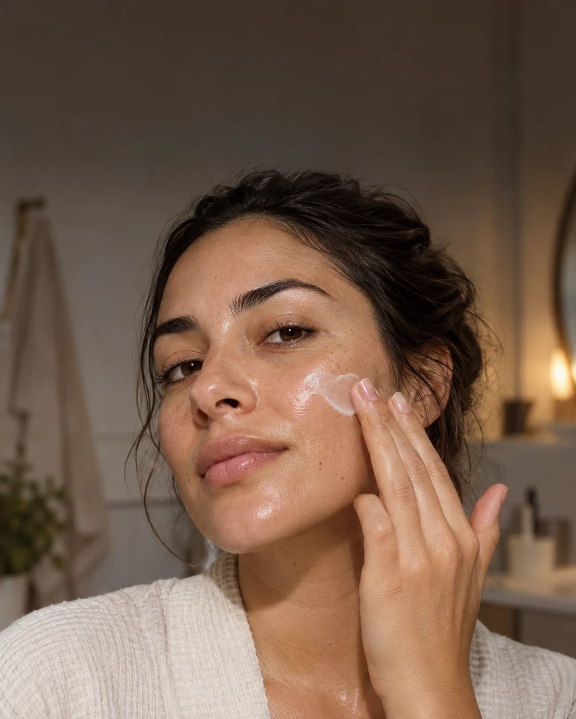 Personne appliquant une petite quantité de crème sur sa joue