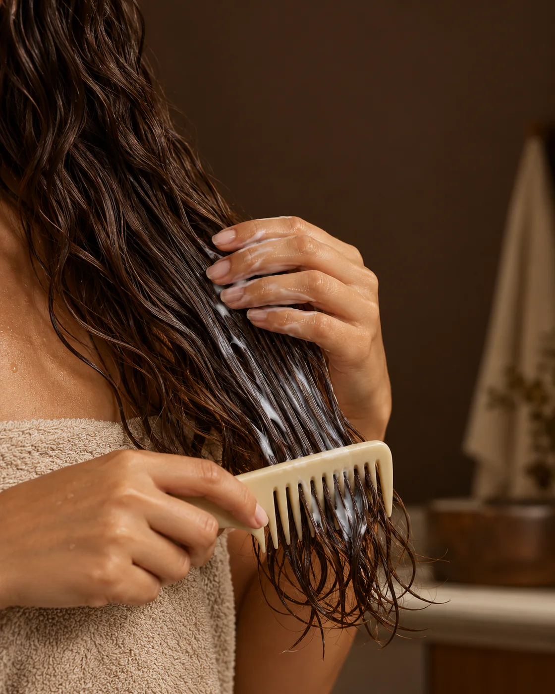 Mains répartissant un conditionneur sur des longueurs ondulées humides avec un peigne large