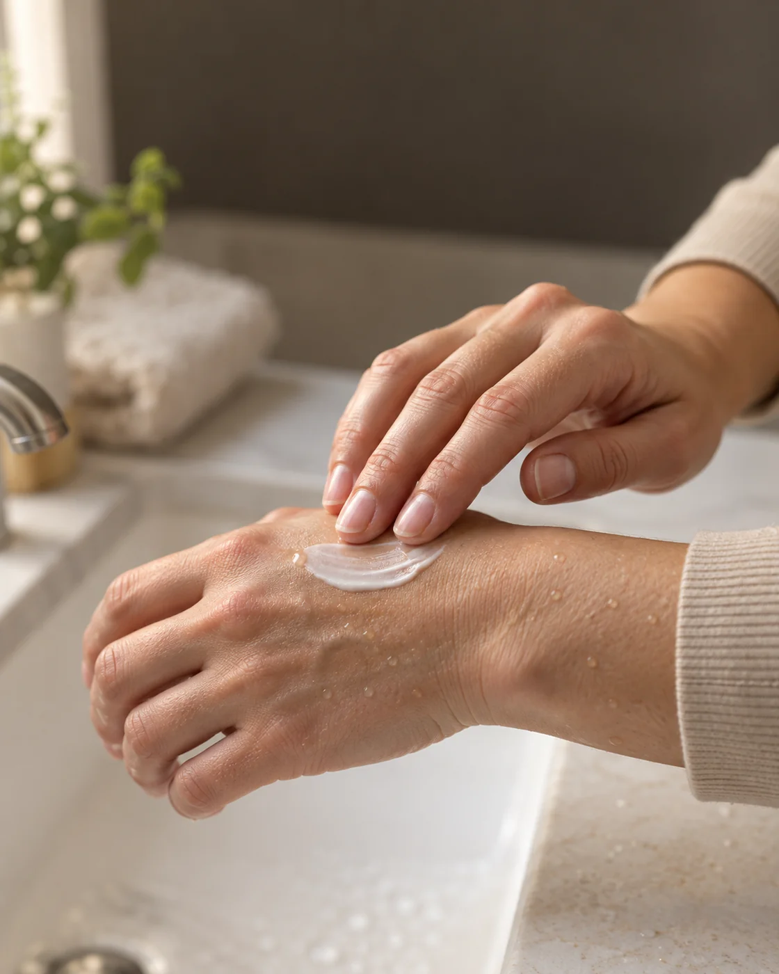 Application d’une petite quantité de crème sur le dos d’une main encore légèrement humide après le lavage