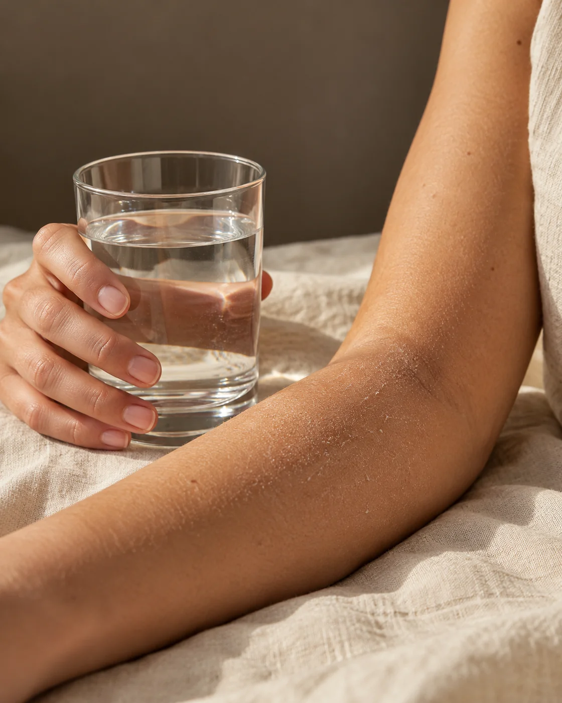 Main tenant un verre d’eau à côté d’un avant-bras à la texture légèrement sèche, sans comparaison avant et après