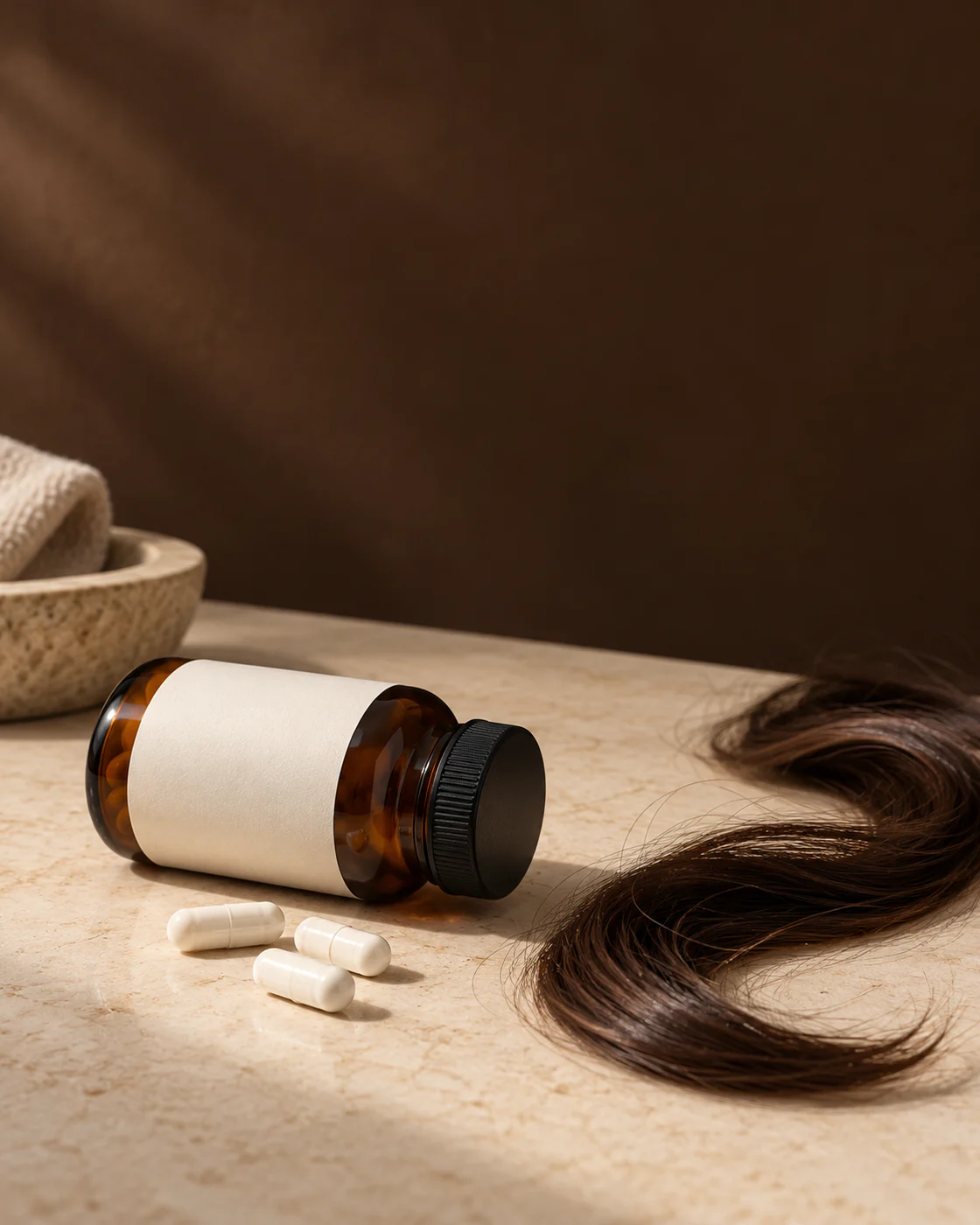 Flacon ambré sans marque et capsules blanches près d’une mèche brune sur une surface beige