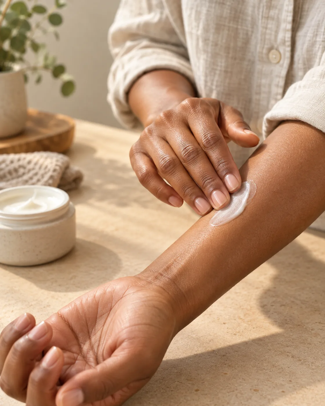 Main appliquant doucement une crème sur une peau de bras, sans gommage abrasif