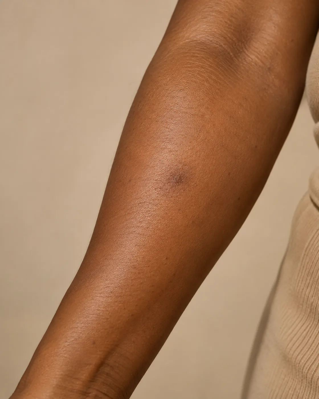 Avant-bras adulte montrant une petite marque brune ancienne après une irritation, sans lésion active